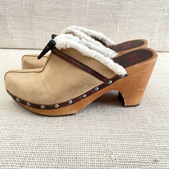 Tommy Hilfiger Wooden Platform Clogs, Suede Leather, Shearling, Ladies 9.5 M - Picture 8 of 10